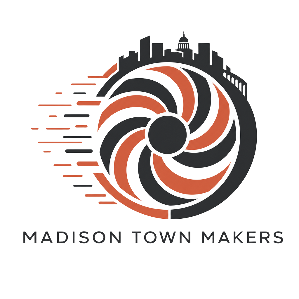Madison Town Makers emblem — a flywheel encircled by a connected network of nodes